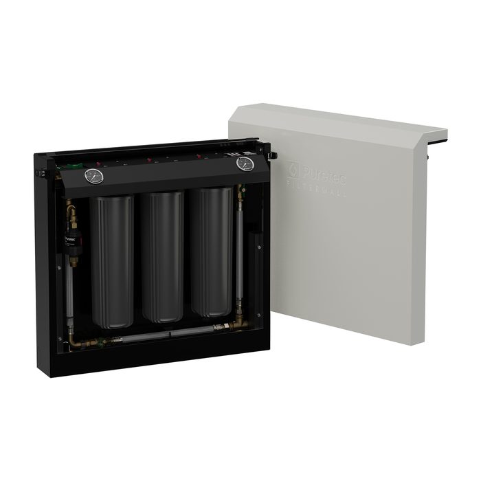 FilterWall F5 with the cover off showing three filter cartridges, bypass and valves
