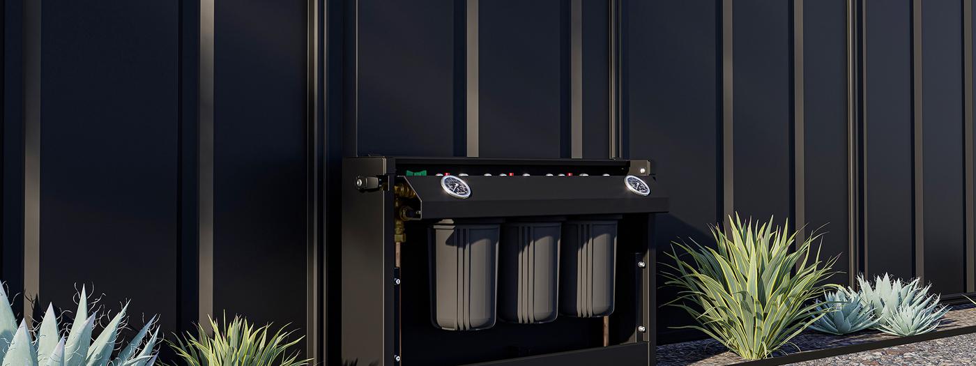 FilterWall with the cover off, mounted along a modern fence